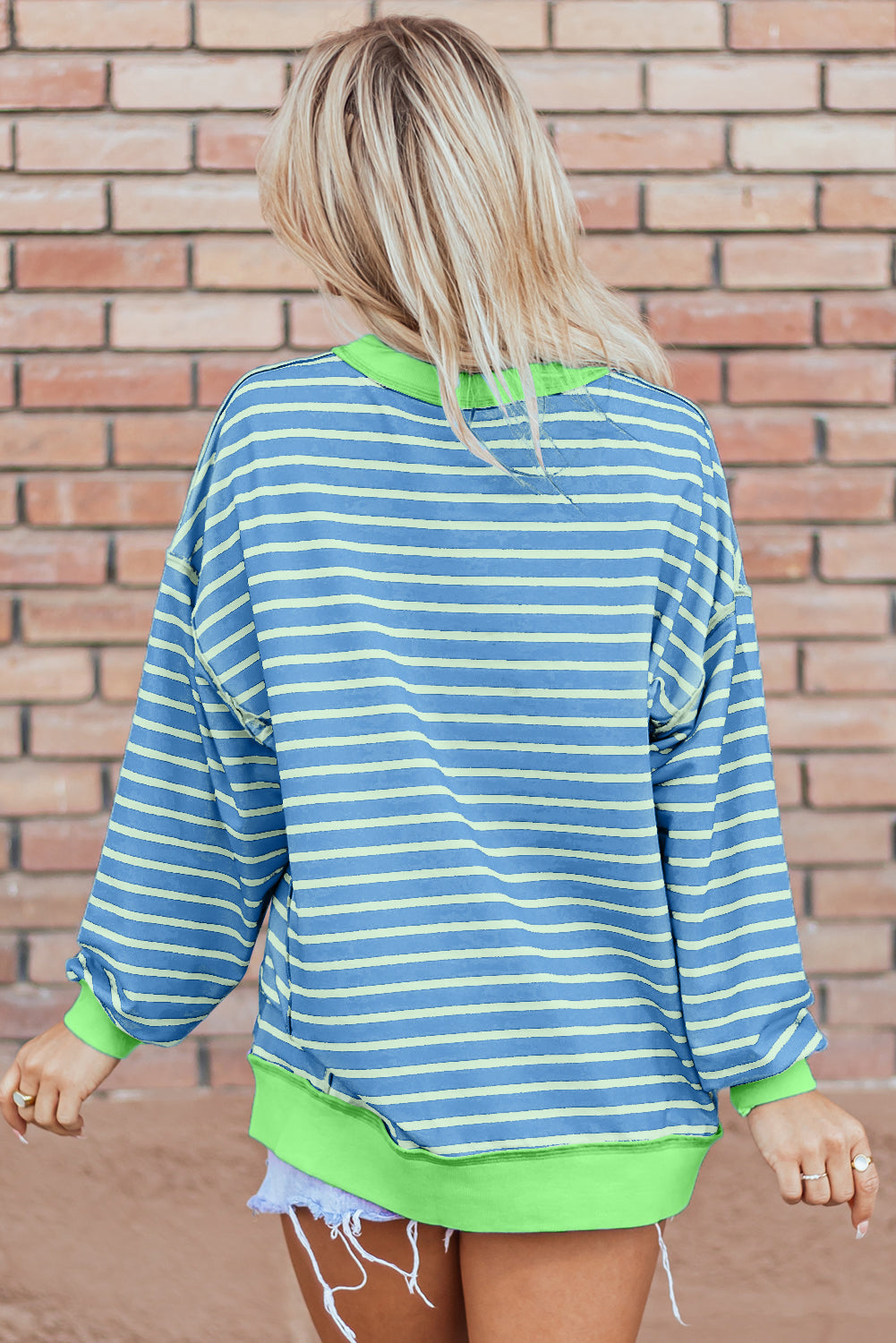 Pink Stripe Contrast Trim High Low Pullover Tunic Sweatshirt eAura
