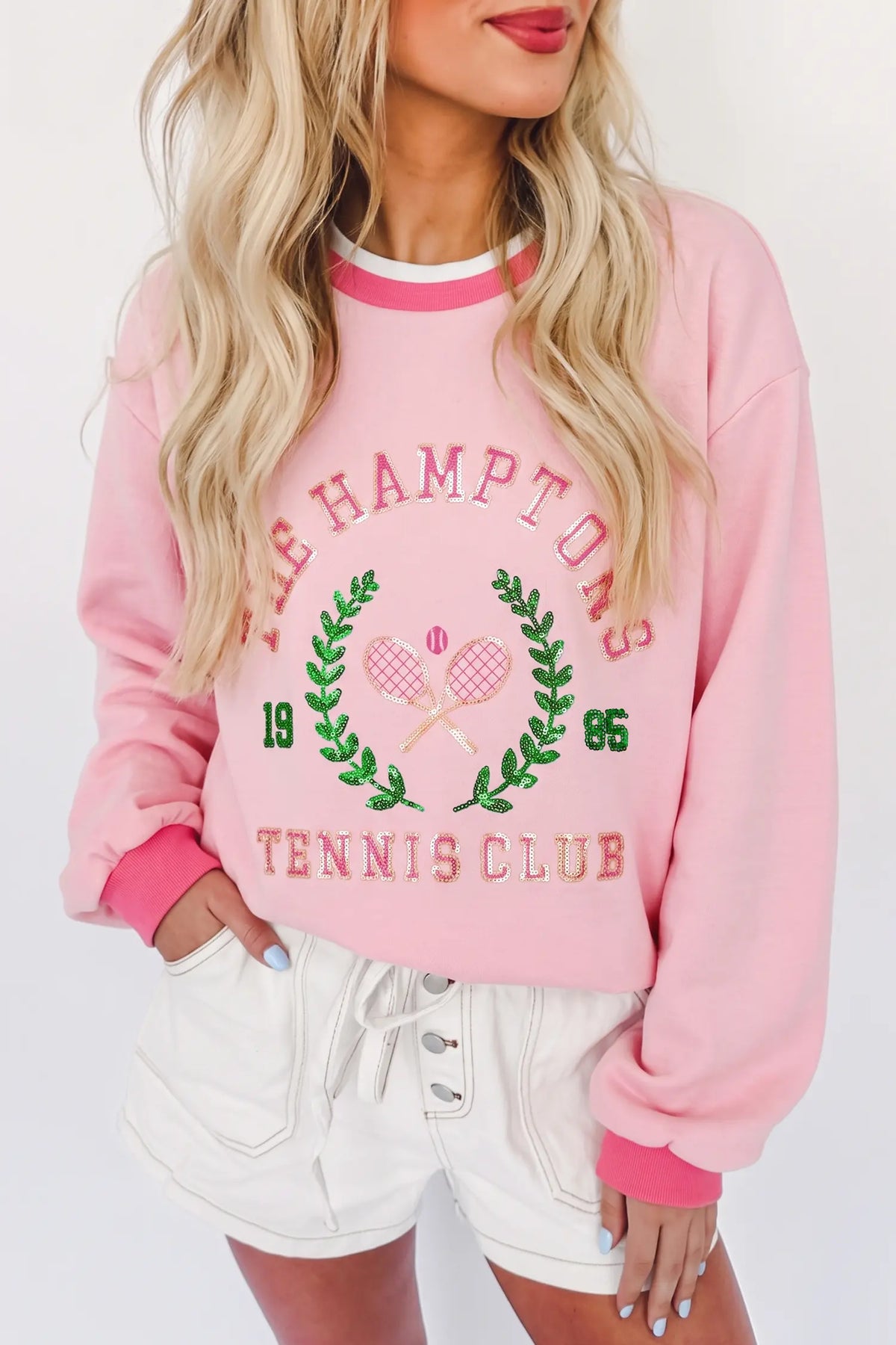 Embroidered Tennis Club Crew Neck Pullover Sweatshirt – Pink