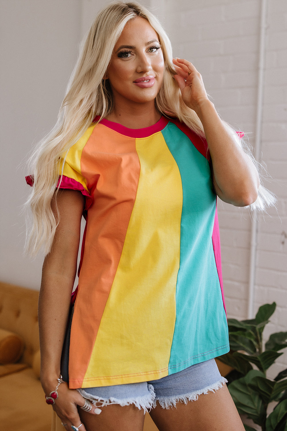 Rose Red Colour Block Ruffled Crew Neck Loose Fit T Shirt eAura