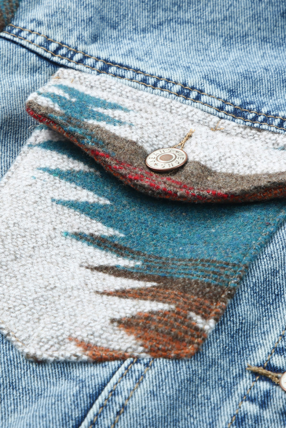 Multicolour Aztec Print Frayed Hem Denim Jacket eAura