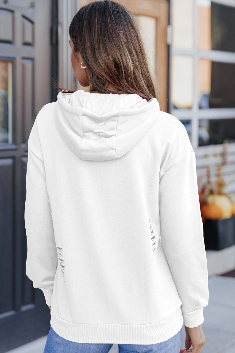 White Solid Ripped Hooded Sweatshirt with Kangaroo Pocket eAura