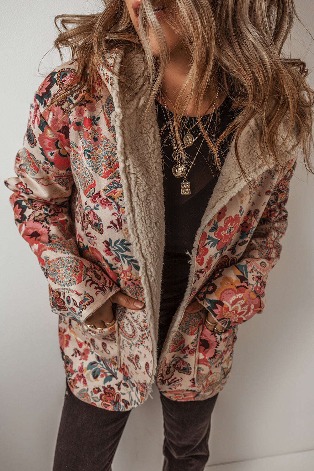 Floral Printed Sherpa Lined Hooded Jacket eAura