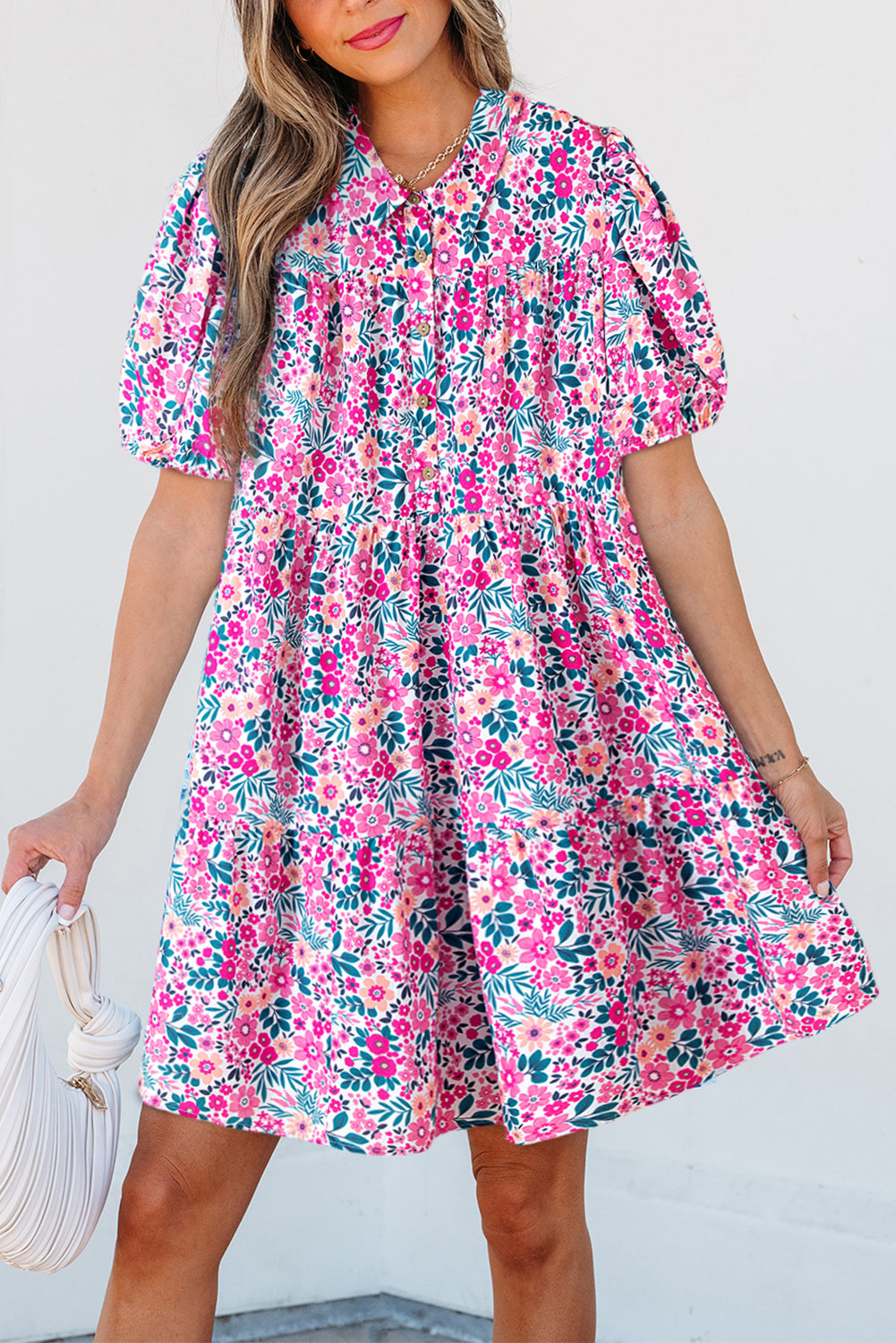 Pink Floral Collared Half Placket Short Sleeve Loose Dress eAura