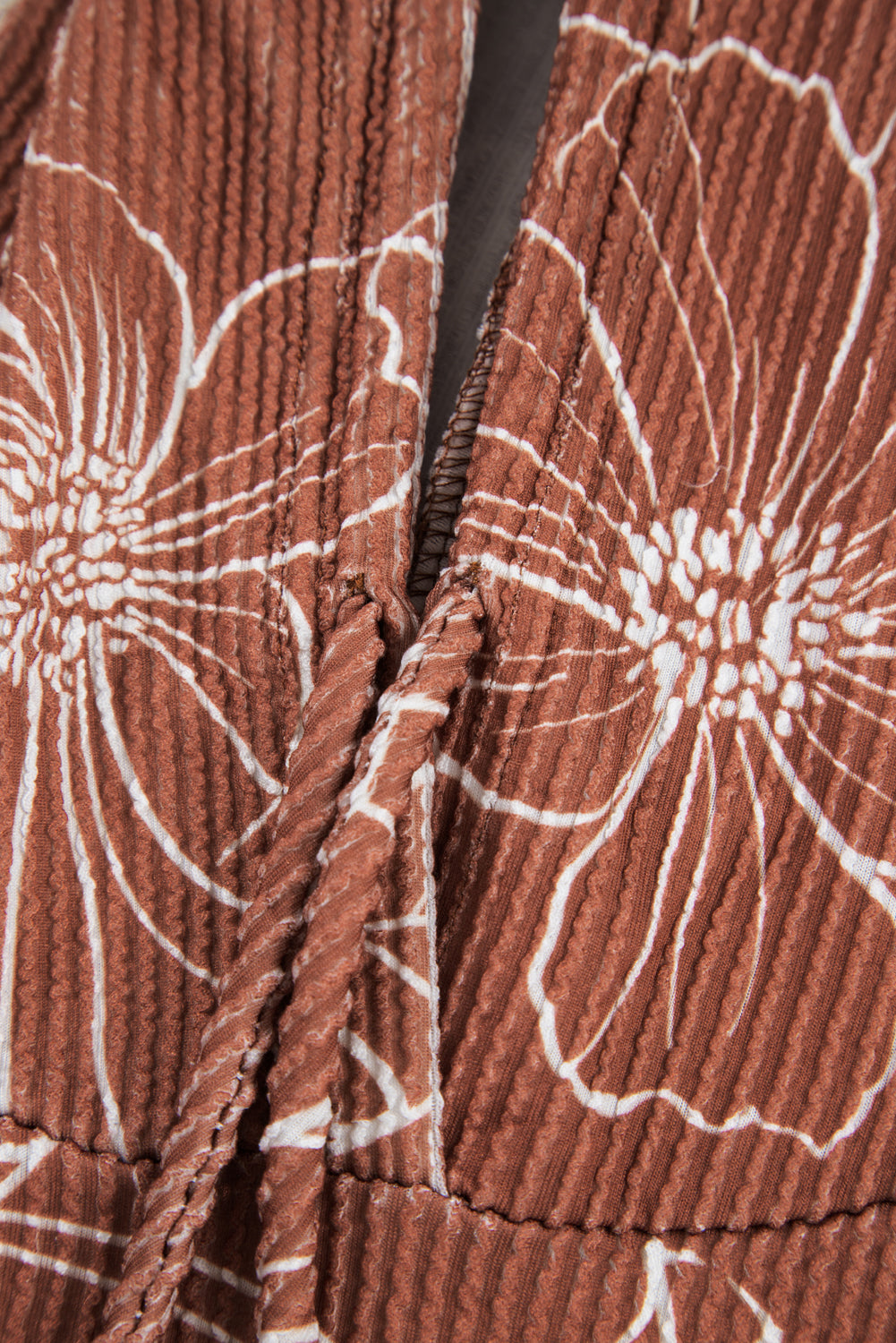 Brown Floral Rib Drawstring Kangaroo Pocket Hoodie - eAura