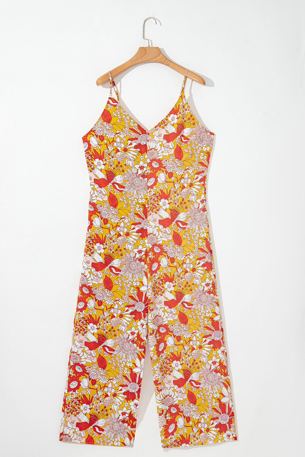 Orange Floral V Neck Wide Leg Sleeveless Jumpsuit eAura