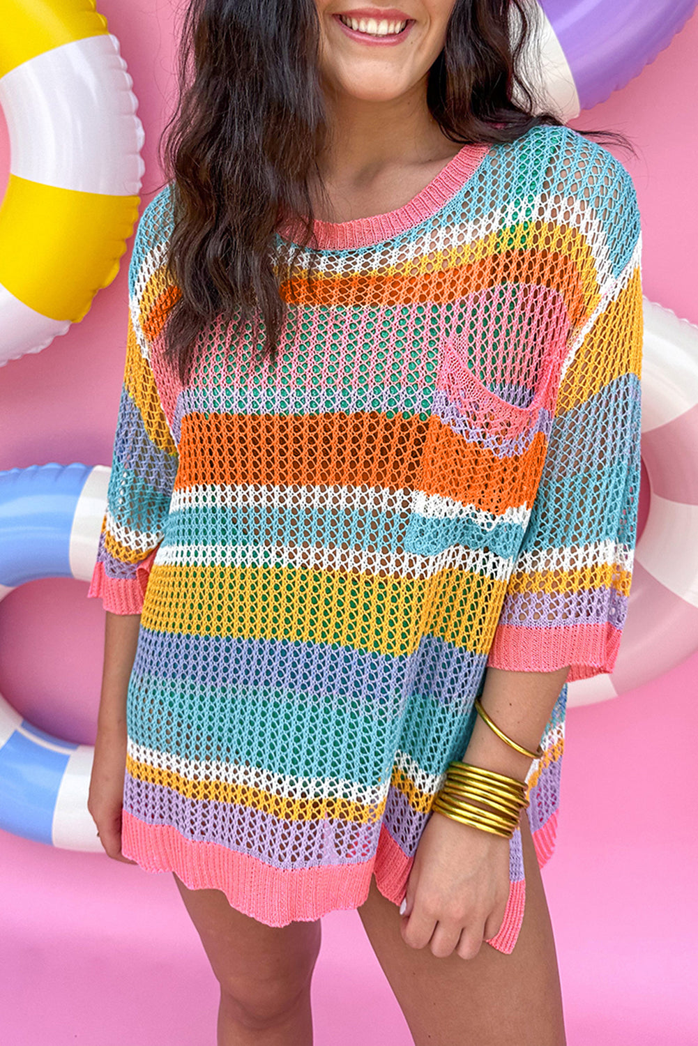 Pink Stripe Colourblock Hollowed Crochet 3/4 Sleeve Sweater eAura