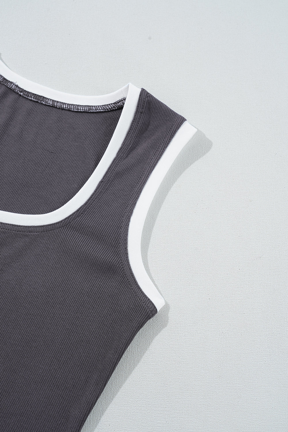 Carbon Grey Ribbed Knit Colourblock Edge U Neck Slim Fit Tank Top eAura