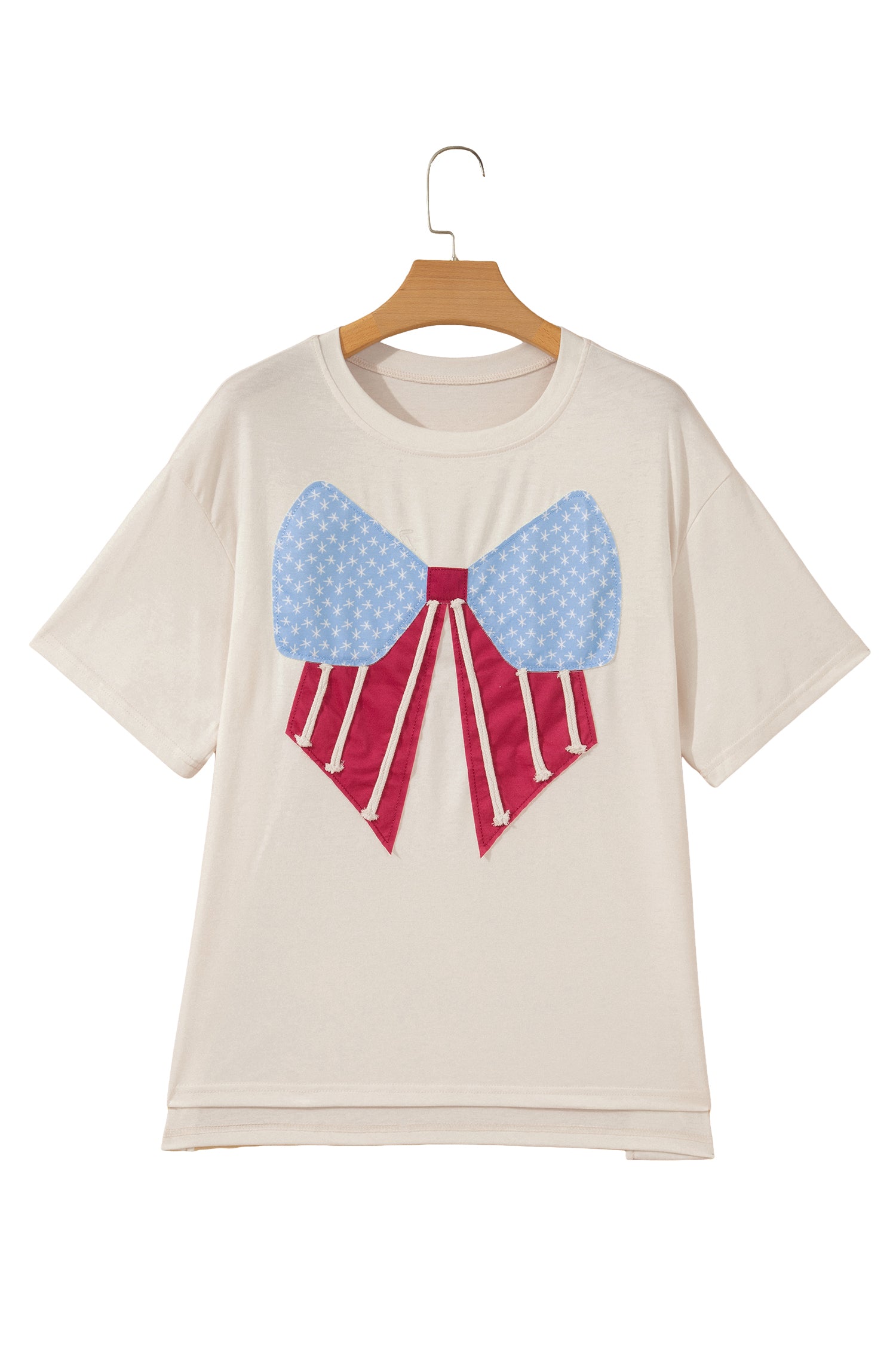 White Loose Knit Vintage Flag Bow Patched T-Shirt