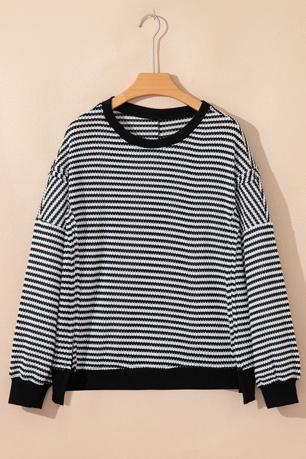 Stripe Ribbed Trim Drop Shoulder Long Sleeve Oversize Top - eAura