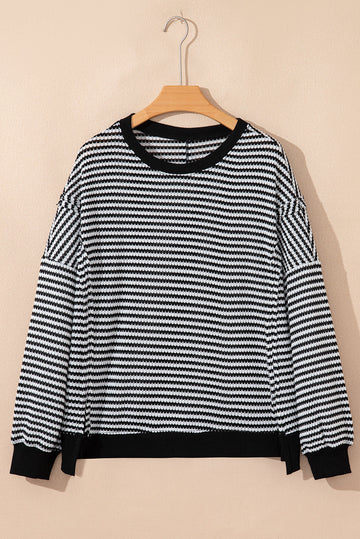 Stripe Ribbed Trim Drop Shoulder Long Sleeve Oversize Top - eAura