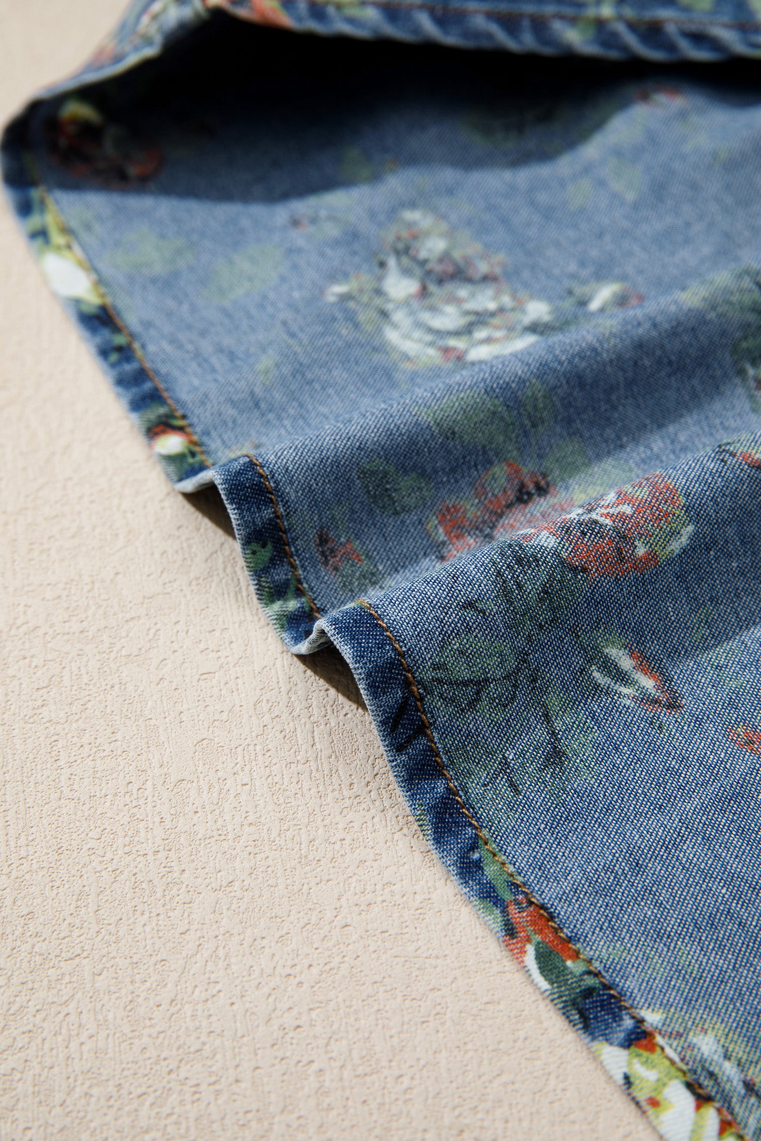 Ruffled Short Sleeve Floral Denim Top
