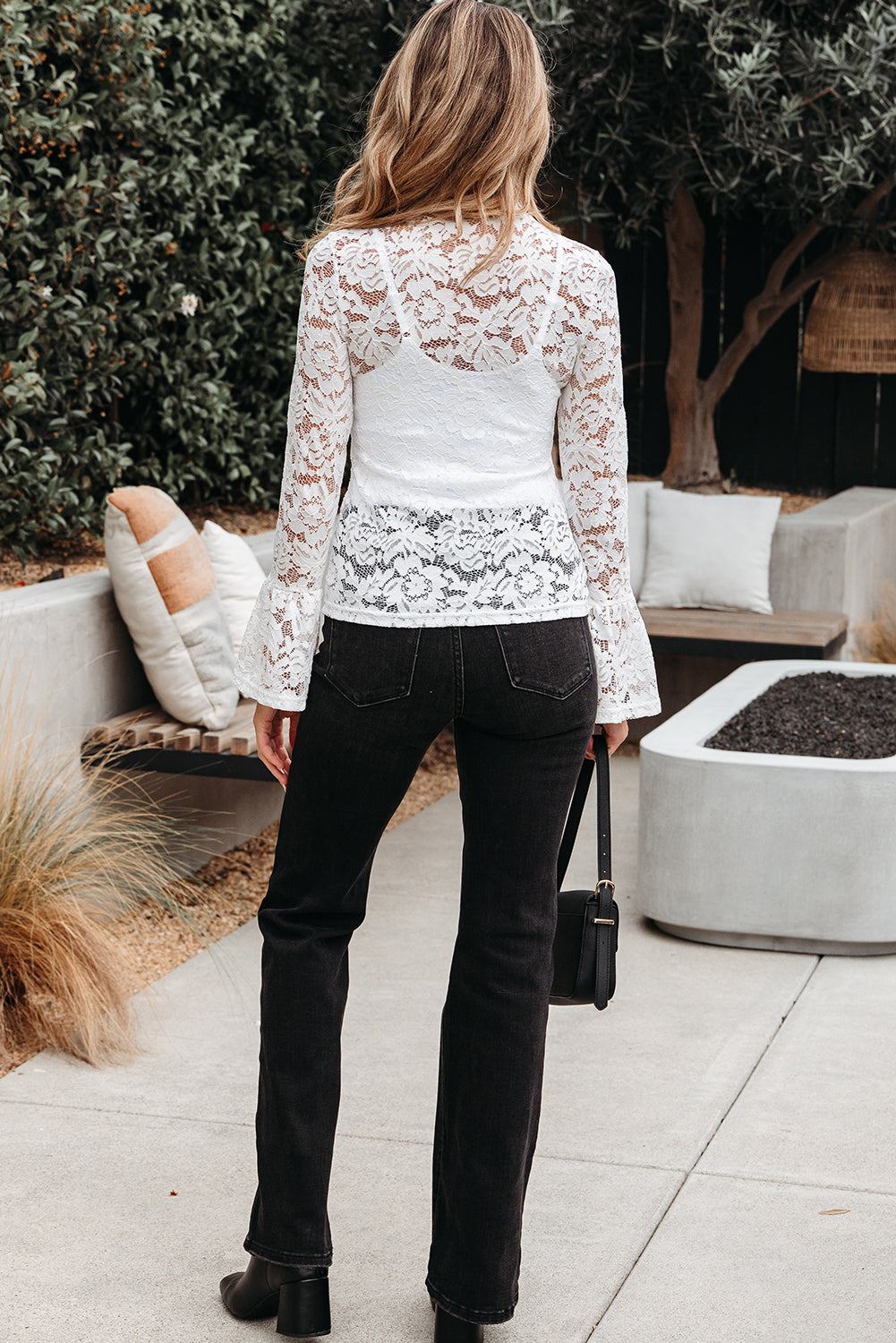 White Lace Crochet Bell Sleeve Mock Neck Blouse - eAura