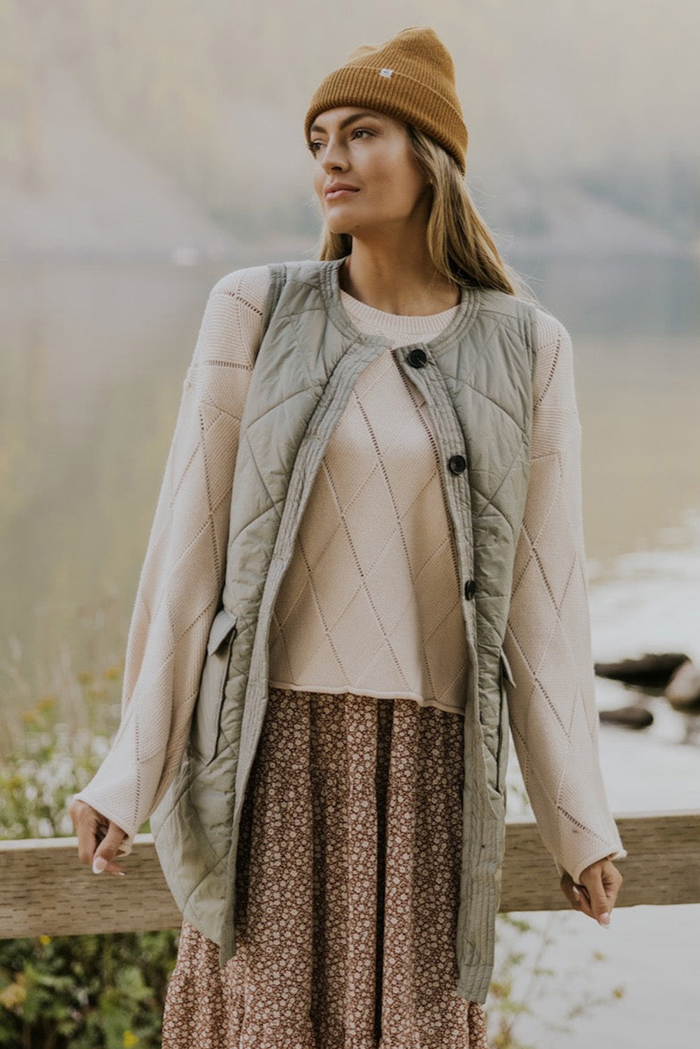 Grass Green Quilted Long Sleeveless Coat with Pockets eAura