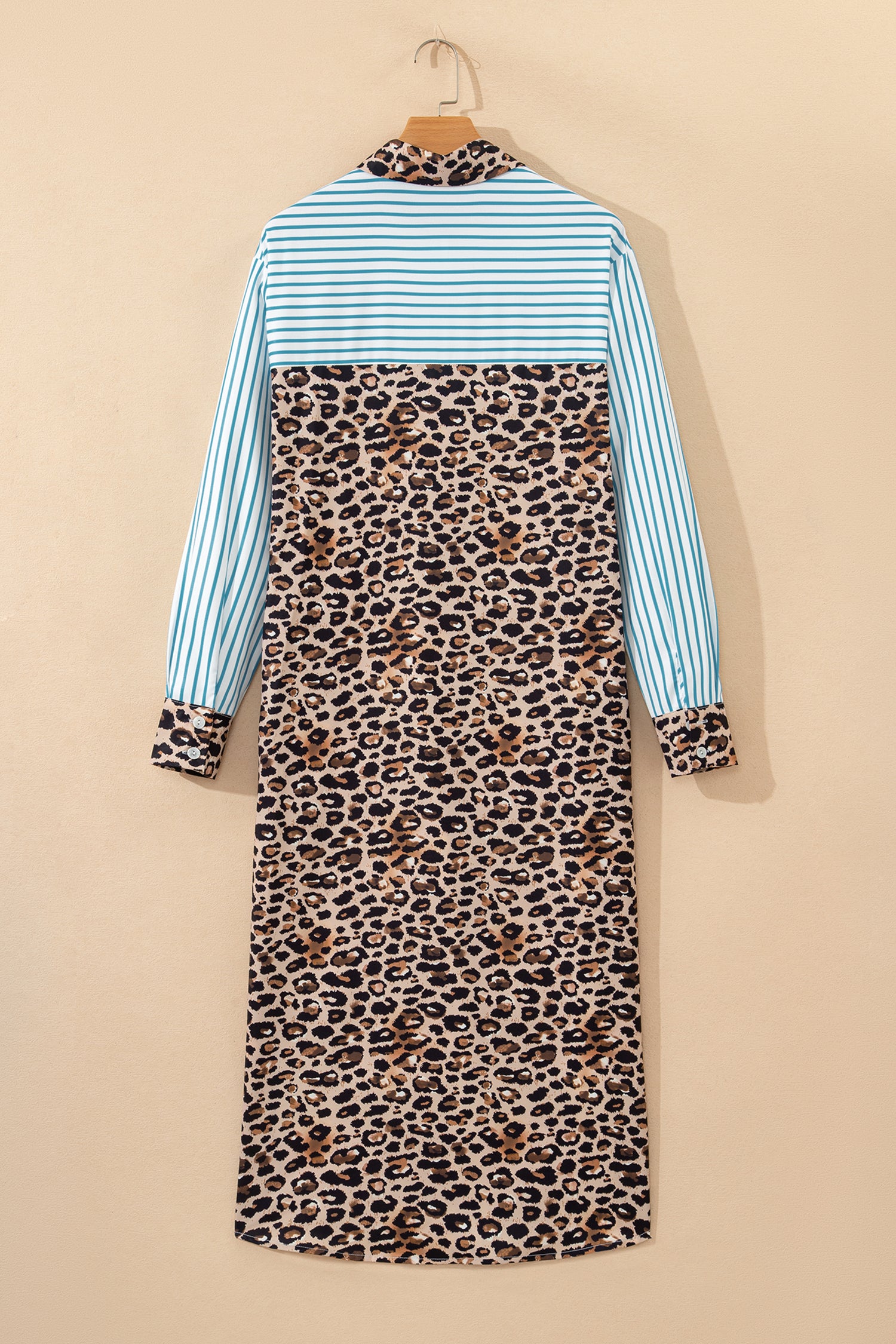 Stripe Contrast Leopard Patchwork Long Shirt Dress with Slits - Dresses/Maxi Dresses