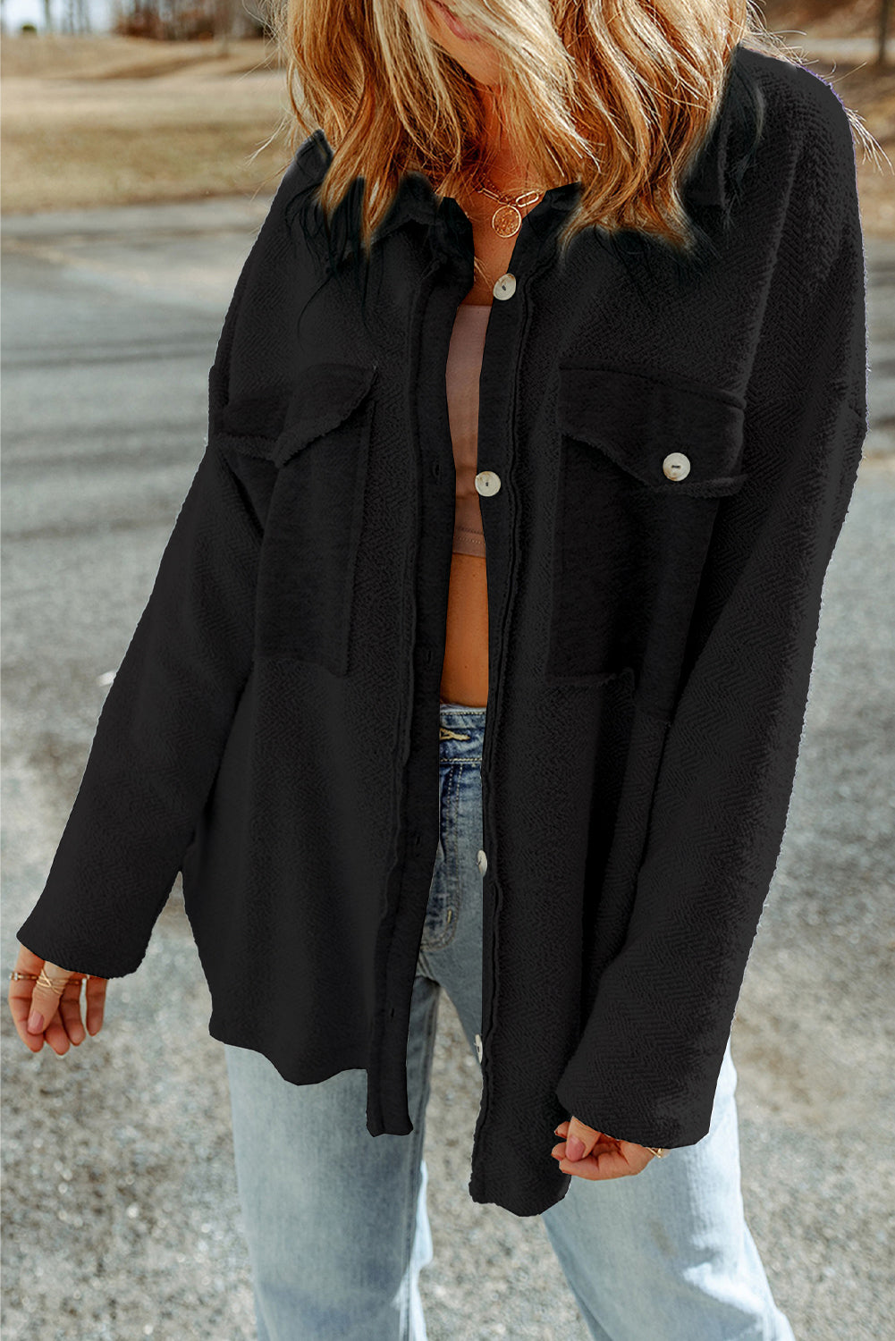 Grey Contrast Flap Pockets Relaxed Shacket Beagle Boutique Fashion Outlet