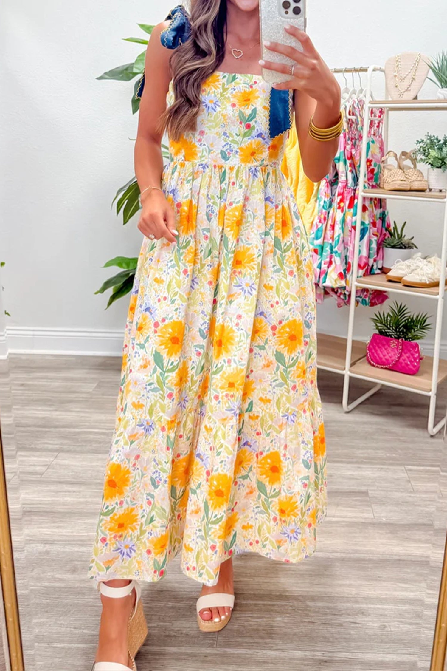 Floral Print Contrast Stitched Knot Denim Straps Maxi Dress