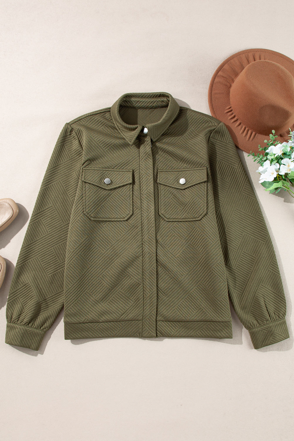 Solid Color Zip Up Button Flap Pocket Shirt Collar Jackets – Blackish Green