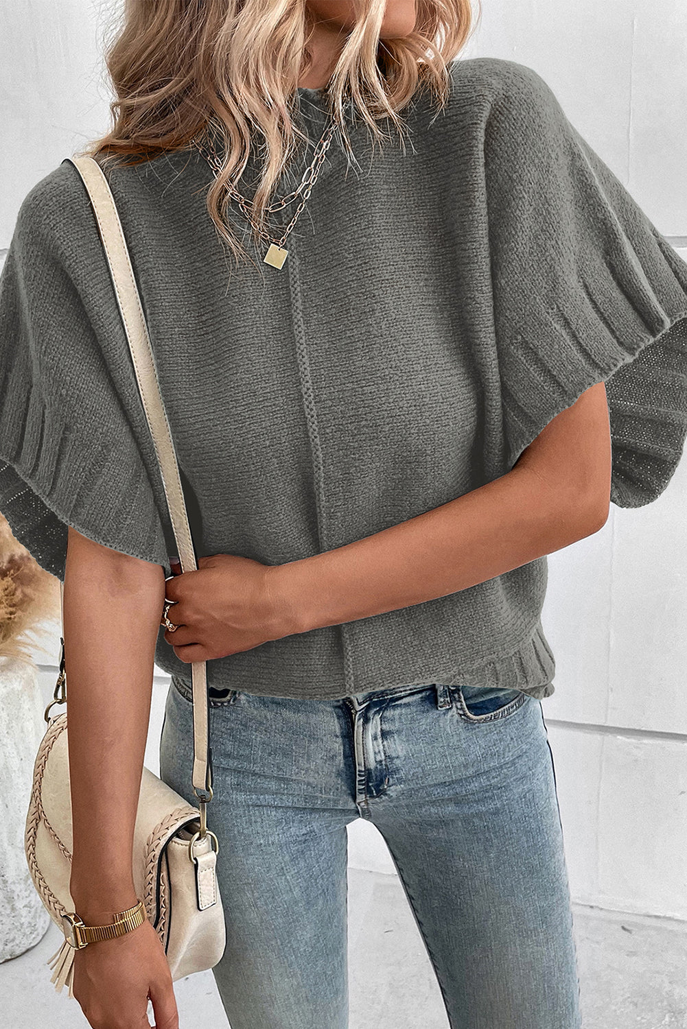 Blackish Green Mock Neck Batwing Short Sleeve Knit Sweater eAura
