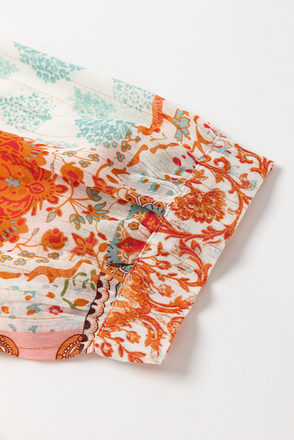 Orange Boho Paisley Mixed Print 3/4 Sleeve Chiffon Loose Dress eAura