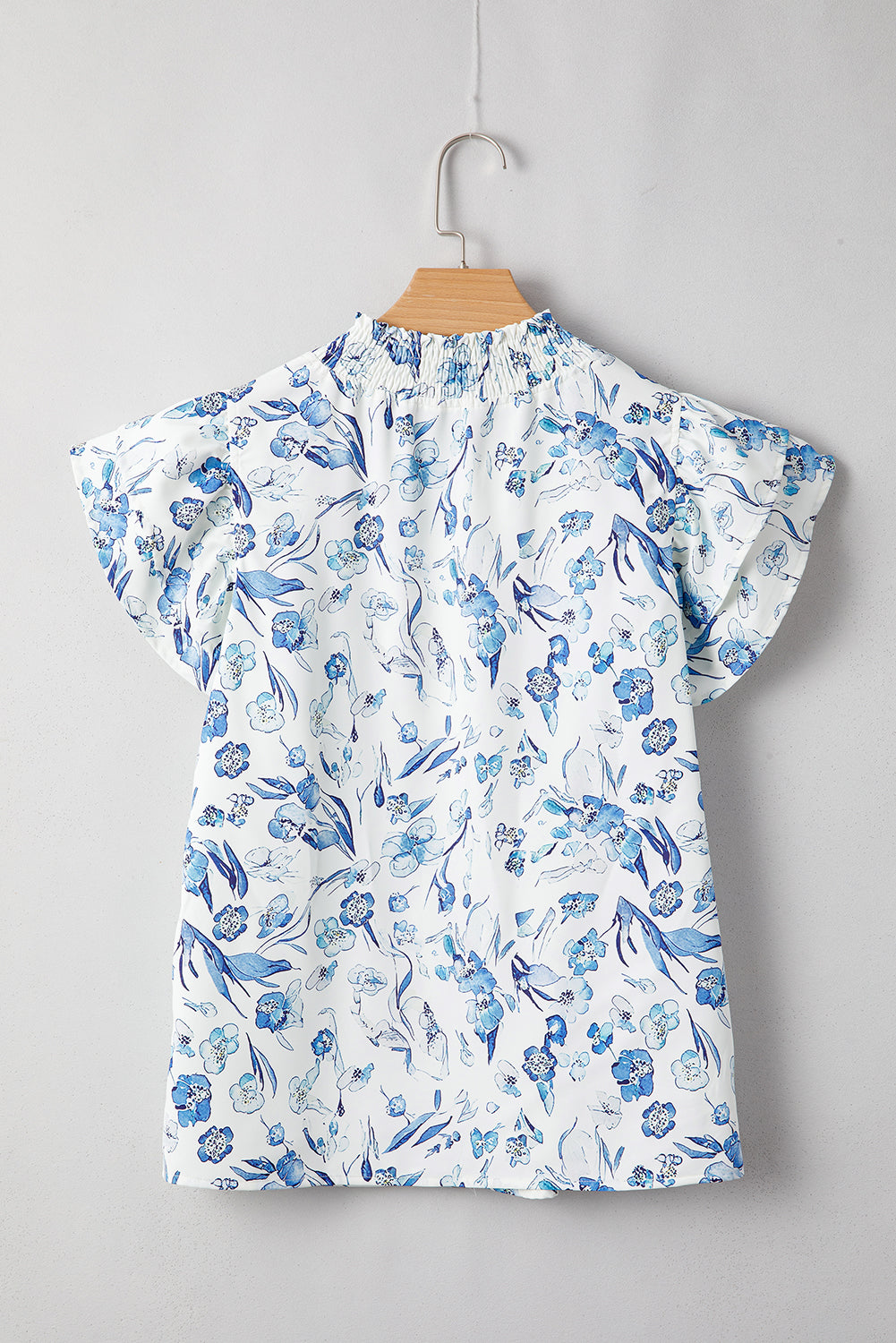 Sky Blue Floral Print Ruffled Short Sleeve Blouse eAura