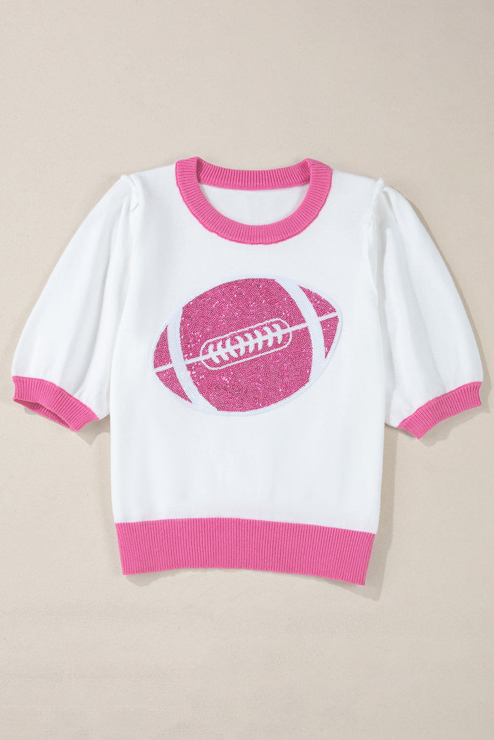 Red Sequin Rugby Colour Block Puff Short Sleeve Sweater eAura
