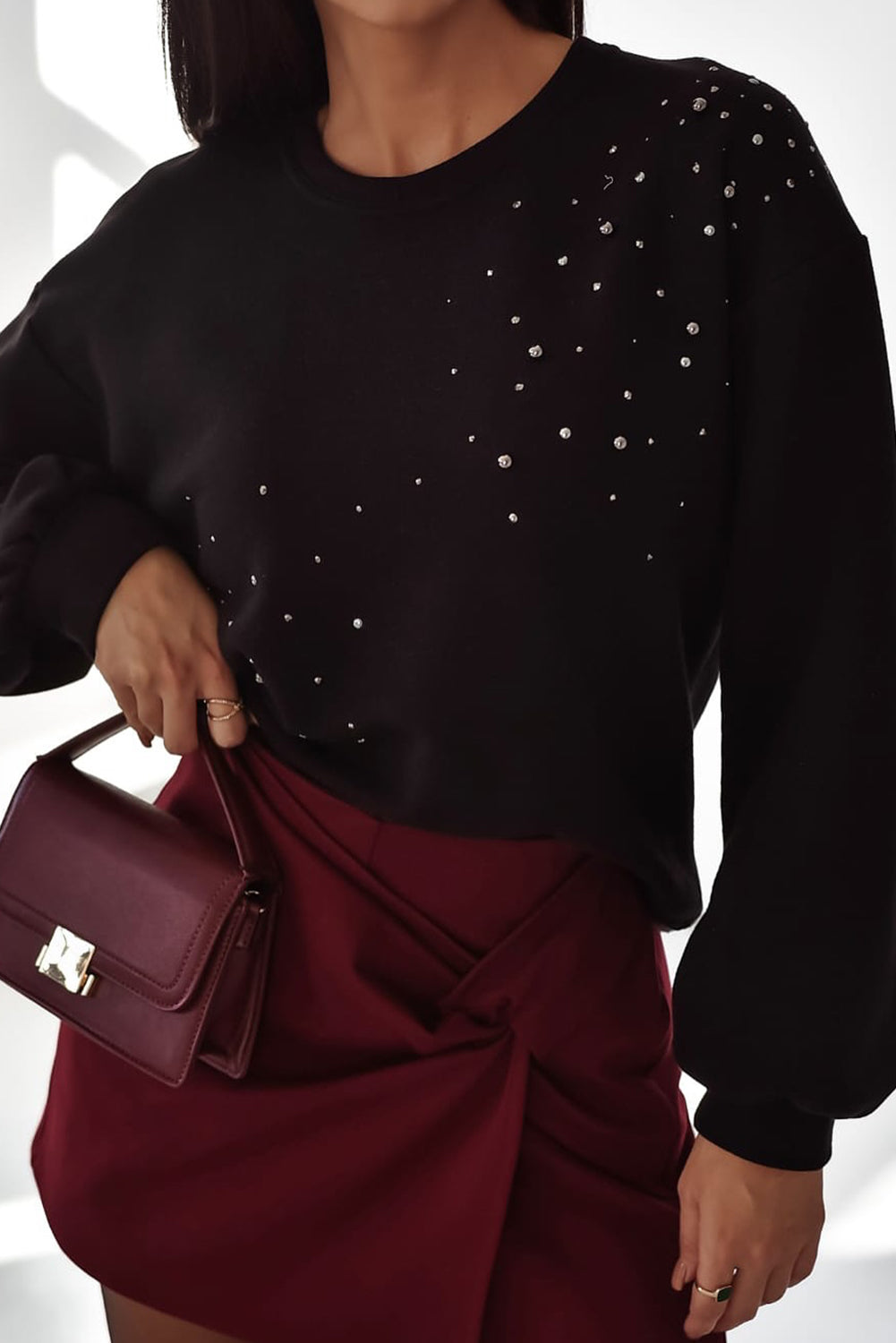 Black Rhinestone Embellished Drop Shoulder Ribbed Cuffs Wholesale Sweatshirt - eAura