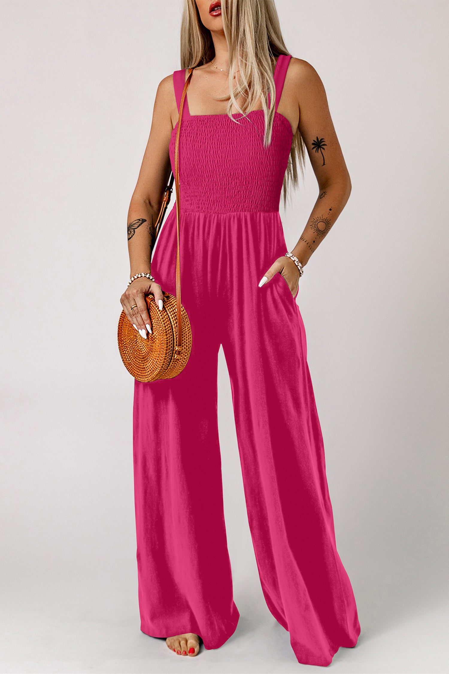 Smocked Square Neck Sleeveless Wide Leg Jumpsuit with Pockets – Purple