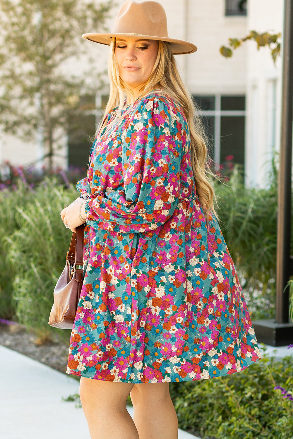 Sky Blue Plus Size Floral Print Shirred Ruffle Tiered Mini Dress BB Fashion Outlet