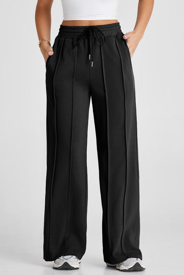 Black Seamed Drawstring High Waist Wide Leg Sweatpants - eAura