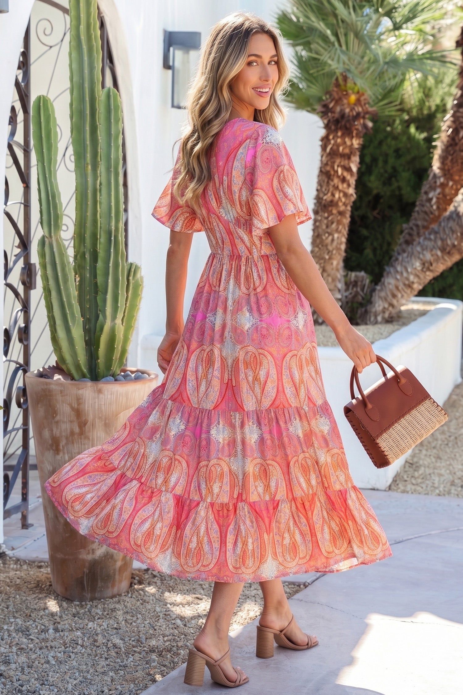 Paisley Print V-Neck Short Sleeve Boho Maxi Dress with Ruffle Details – Multicolour
