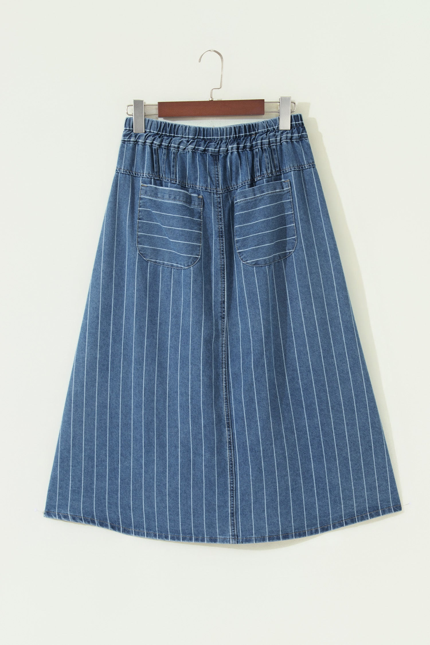 Sky Blue Stripe Pintuck High Waist Drawstring Denim Midi Skirt