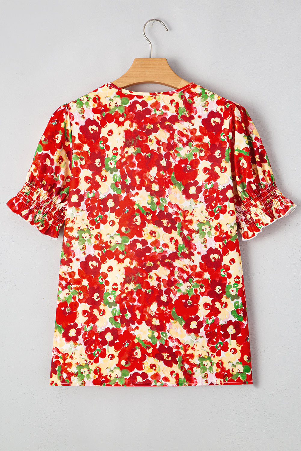 Floral Bubble Sleeve Pleated V-Neck Wrap Blouse eAura