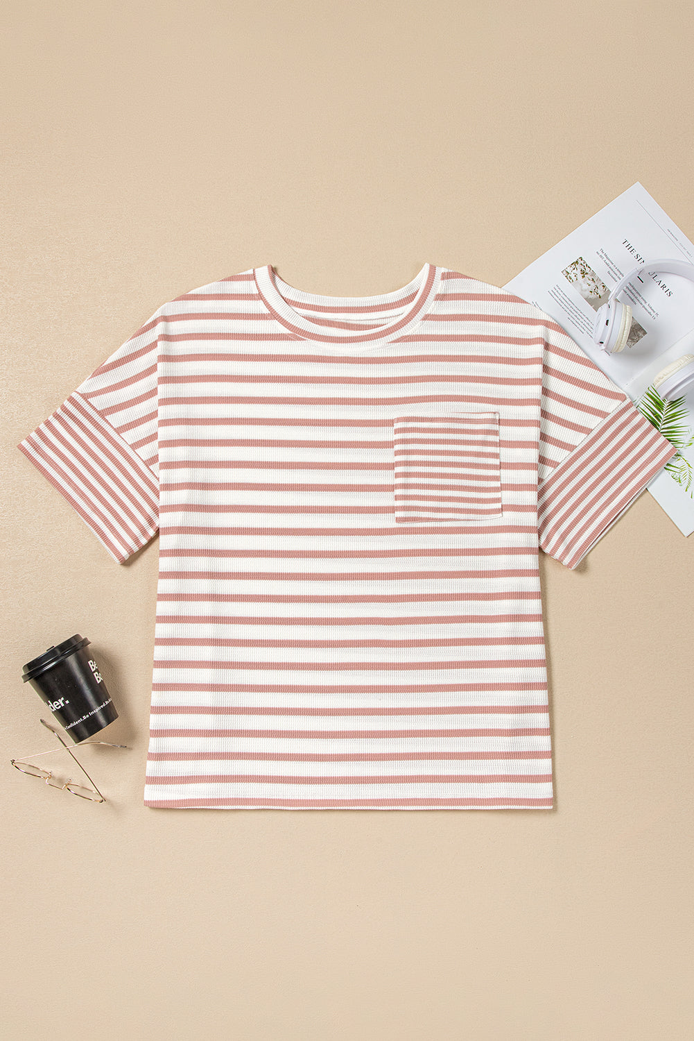 Pink Stripe Waffle Knit Pocketed Half Sleeve Plus Size T Shirt BB Fashion Outlet
