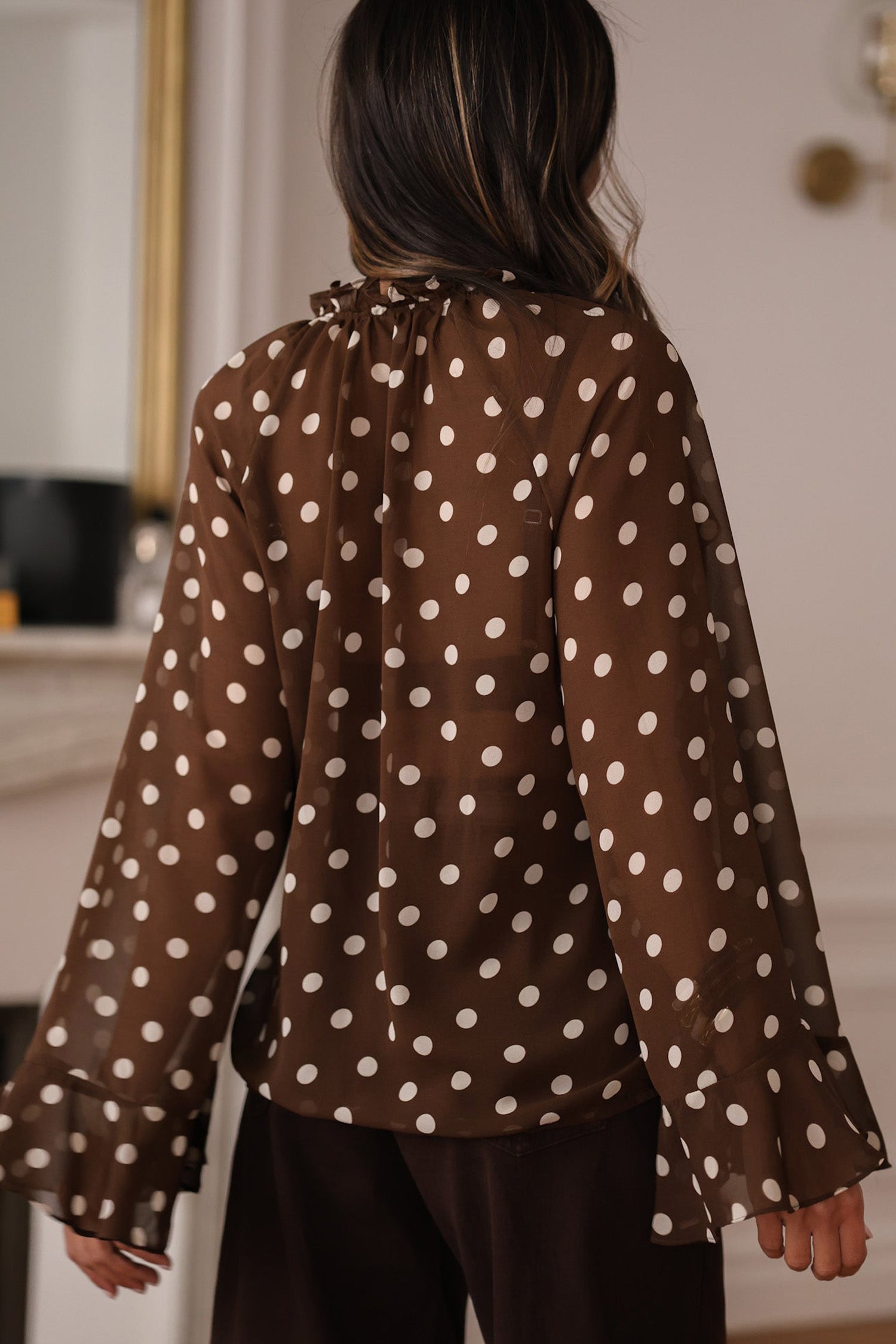 Polka Dot Print Ruffle Trim V-Neck Long Bell Sleeve Blouse