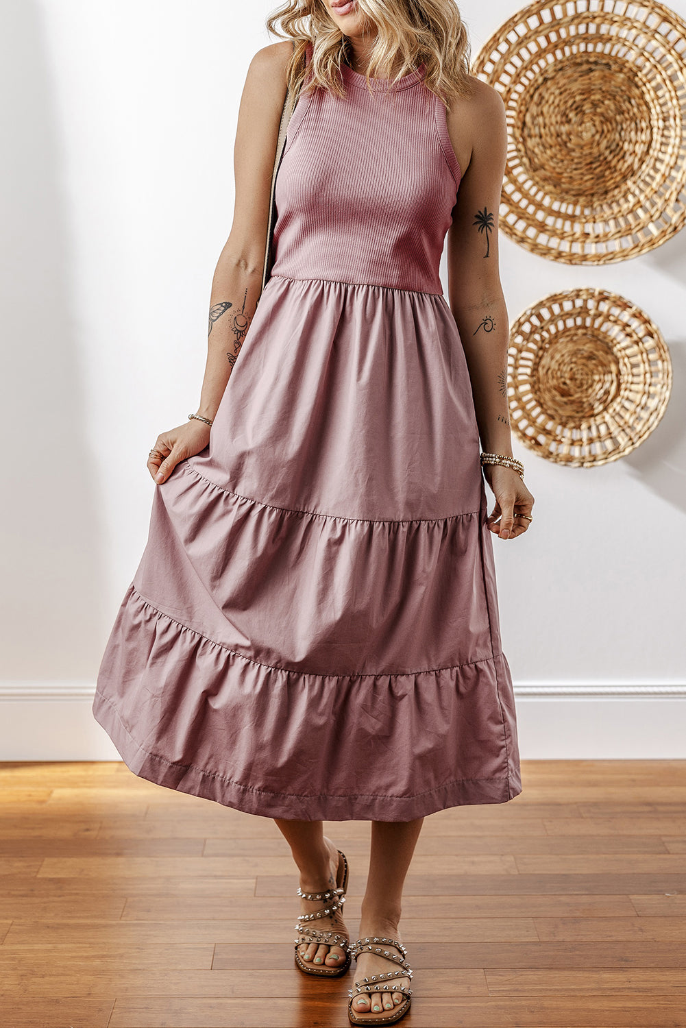 Sepia Rose Ribbed Vest Patchwork Tiered Midi Dress with Pockets eAura