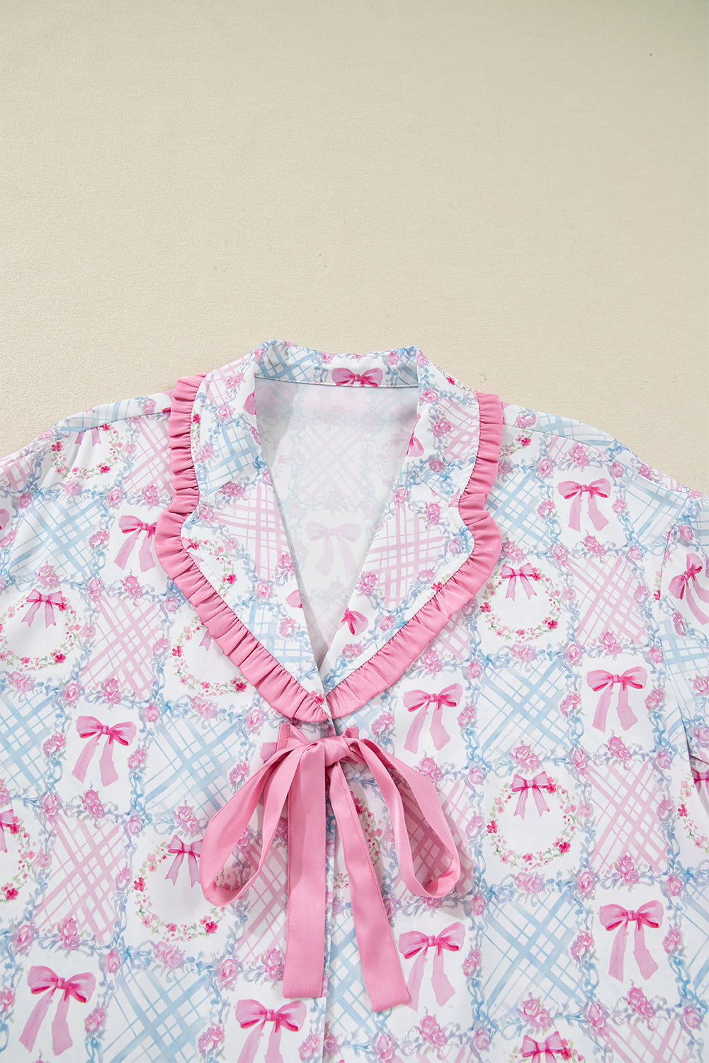 Pink Bow Wreath Pattern Christmas Pyjamas Tied Front Long Sleeve Dear-Lover Dropshipping