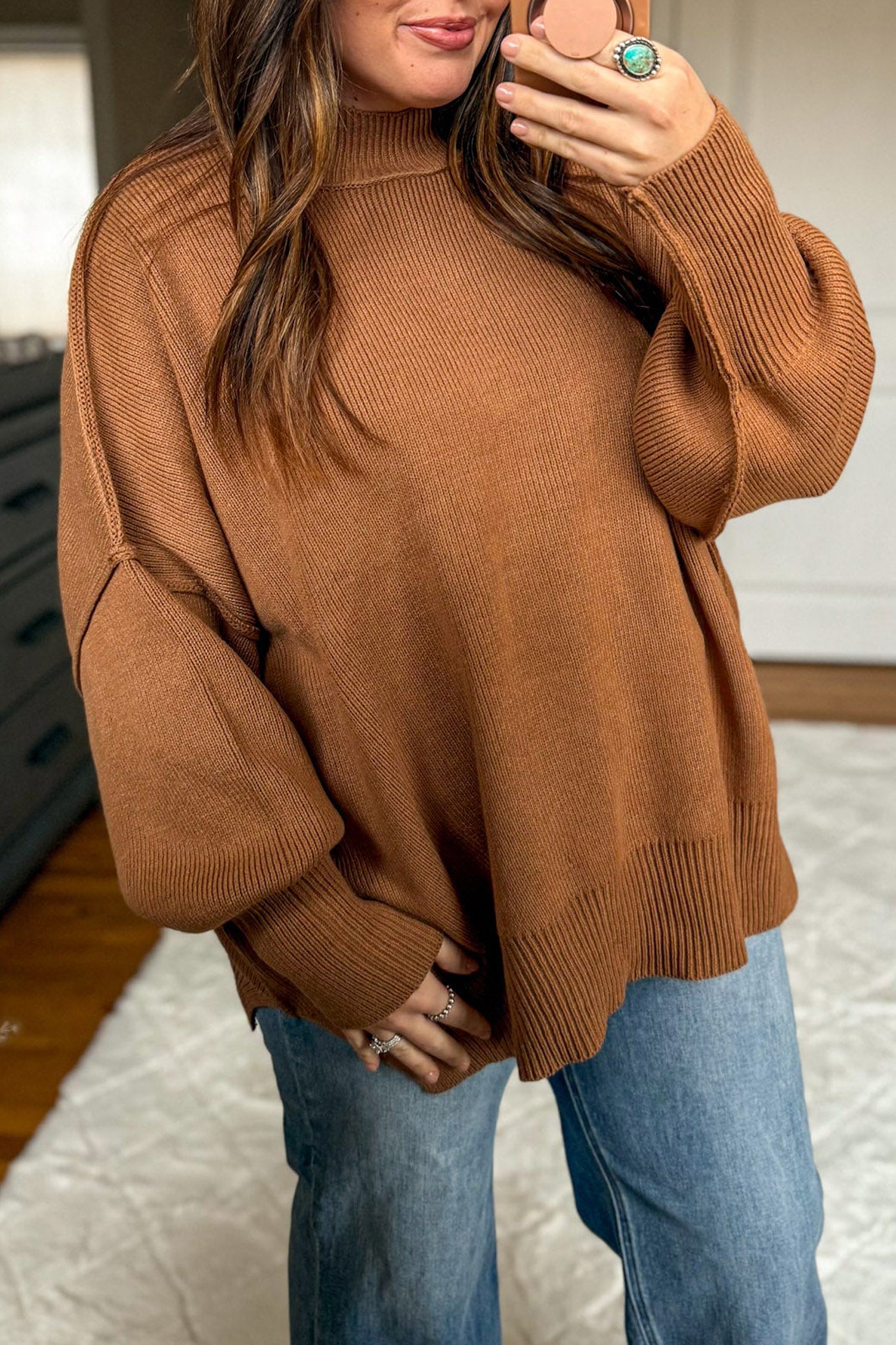 Oversized Ribbed Knit Long Sleeve Tunic Plus Size Sweater – Chestnut
