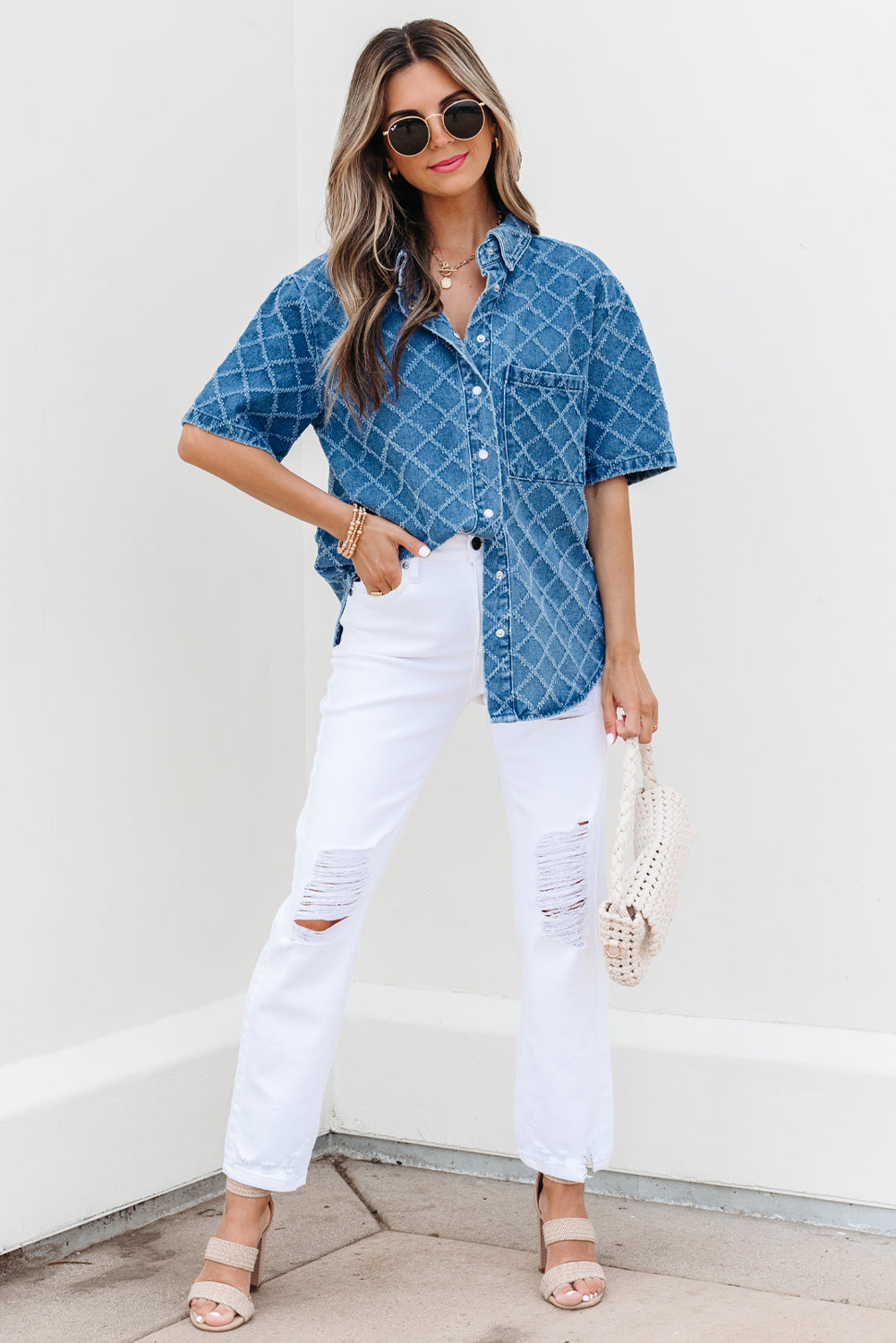 Dusk Blue Checkered Textured Short Sleeve Patched Pocket Denim Shirt eAura
