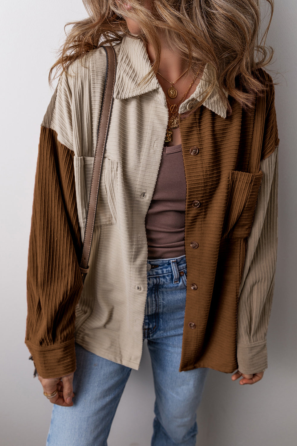 Brown Colour Block Chest Pockets Buttoned Corduroy Shacket Beagle Boutique Fashion Outlet