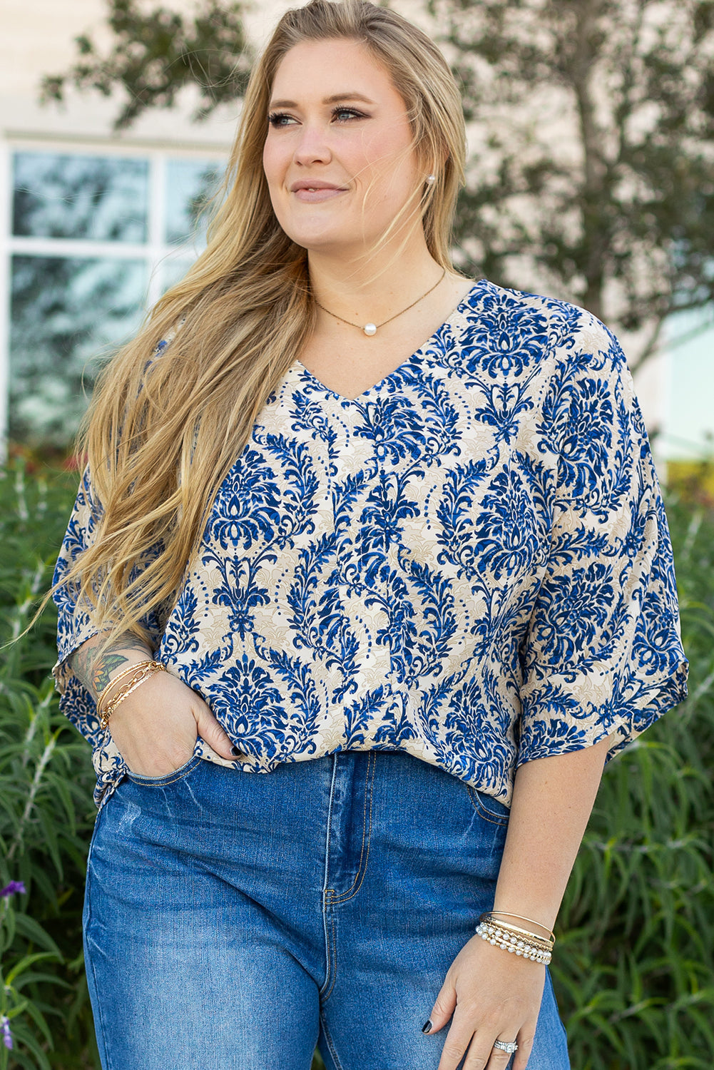Blue Plus Size Ethnic Printed 3/4 Sleeve V Neck Loose Blouse BB Fashion Outlet