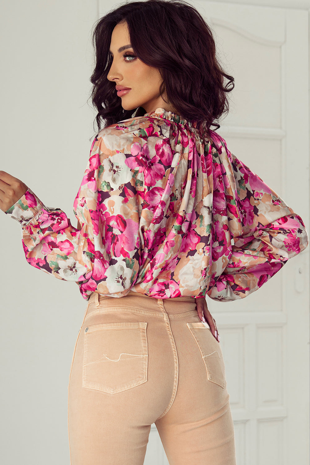 Red Floral Print Ruffled Stitch Buttoned Loose Fit Shirt eAura