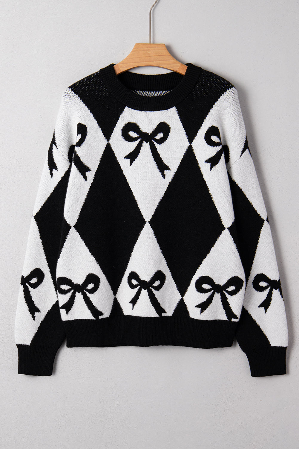 Black Bow Print 2-tone Rhombus Knit Loose Sweater eAura