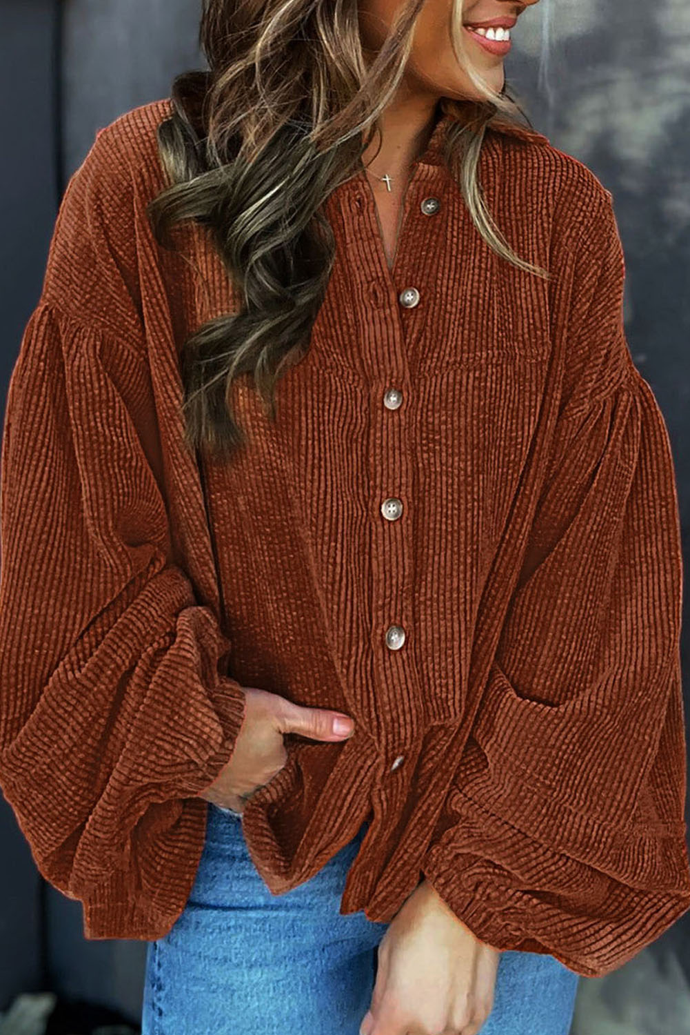 Coffee Textured Corduroy Puff Sleeve Shacket eAura