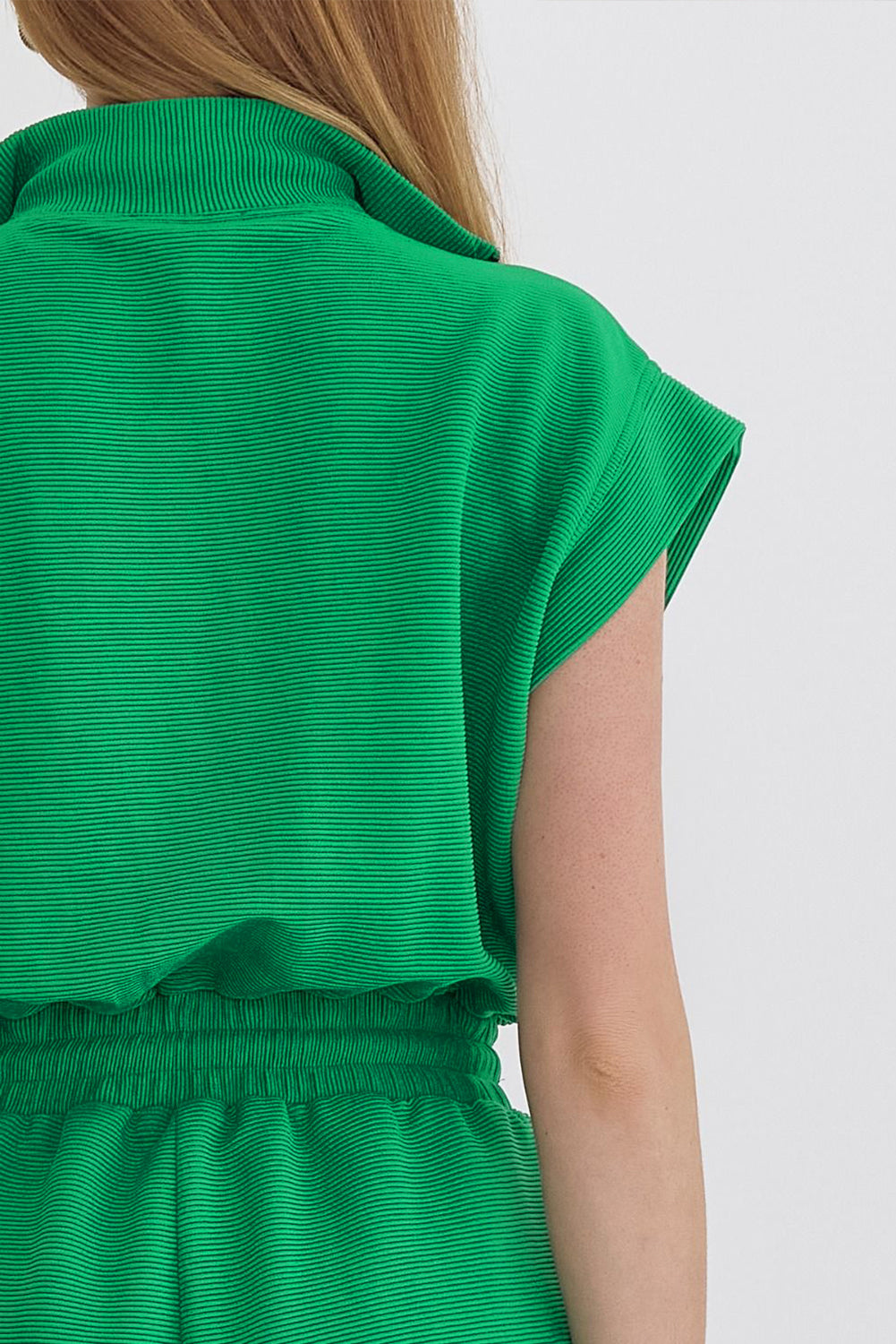 Bright Green Textured Short Sleeve Half Zip Drawstring Waist Romper eAura