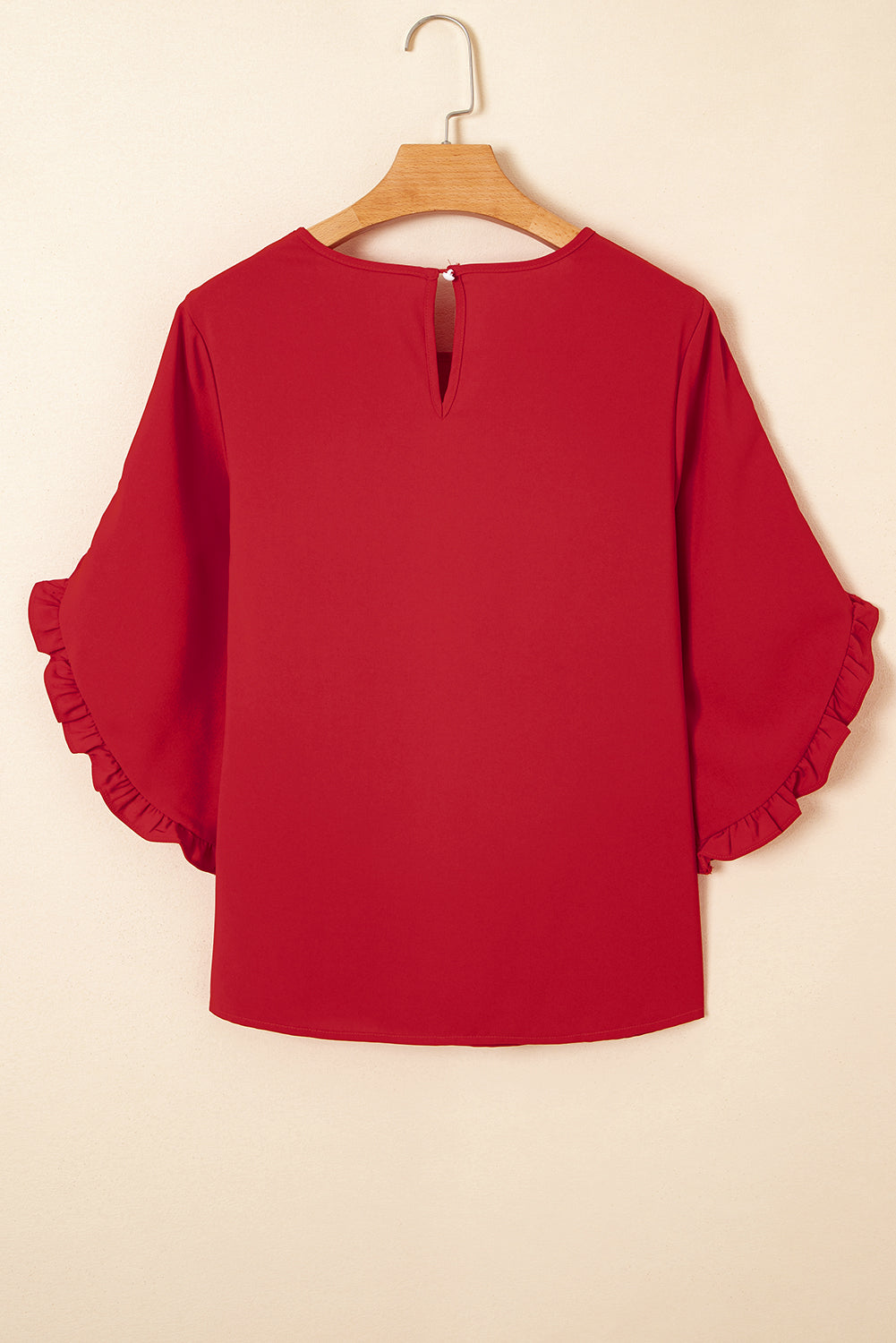 Ruffle Trimmed 3/4 Sleeve Round Neck Blouse eAura