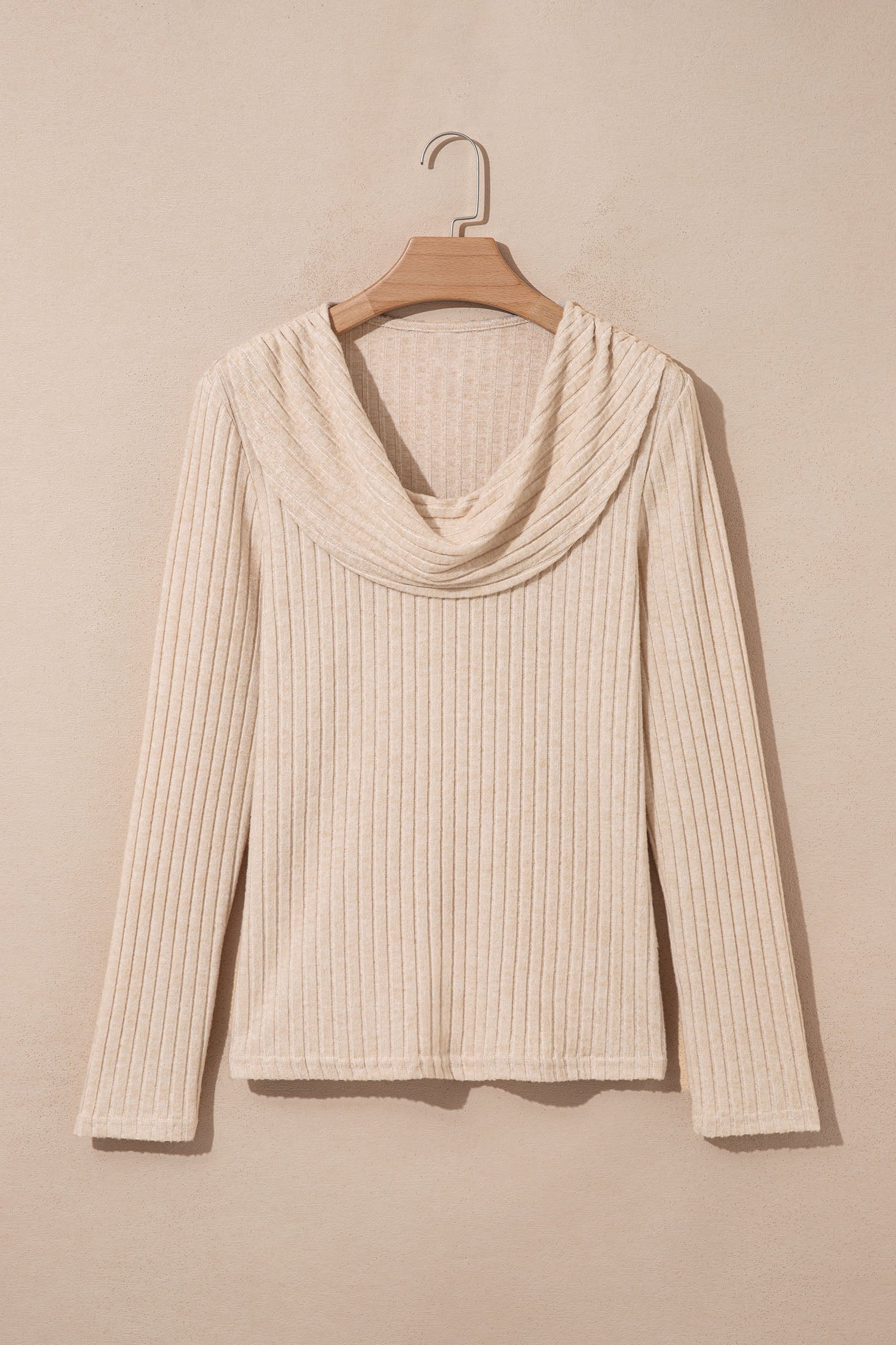 Apricot Solid Color Ribbed Knit Cowl Neck Long Sleeve Top – Beige