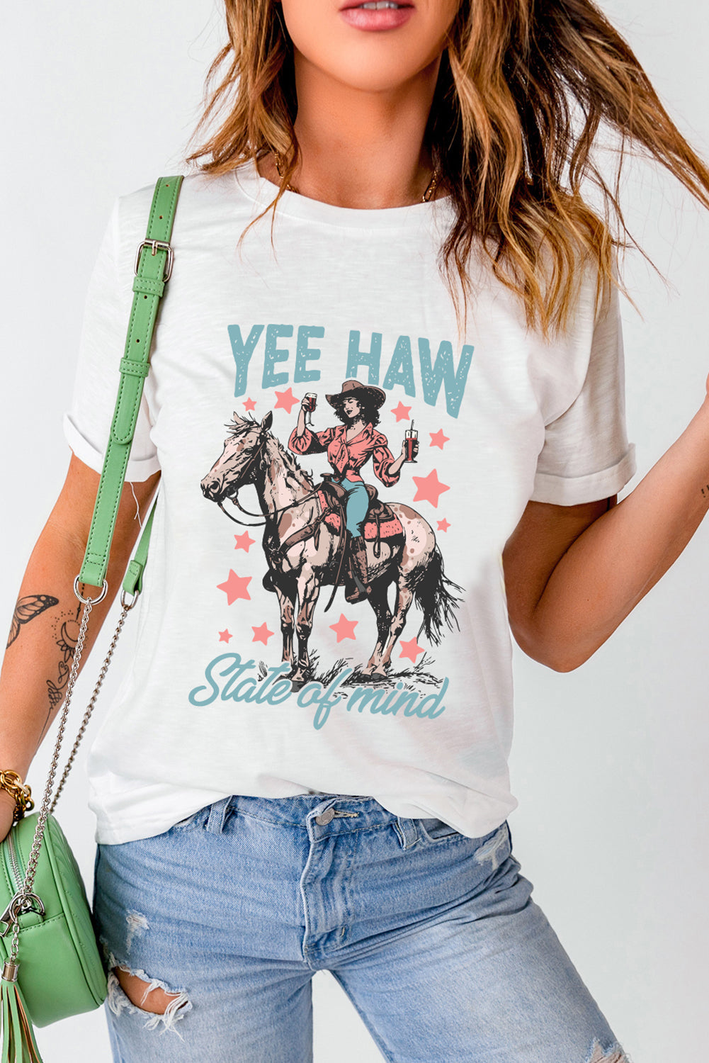 White YEE HAW State of mind Cowgirl Graphic Western Fashion Tee Dear-Lover Dropshipping