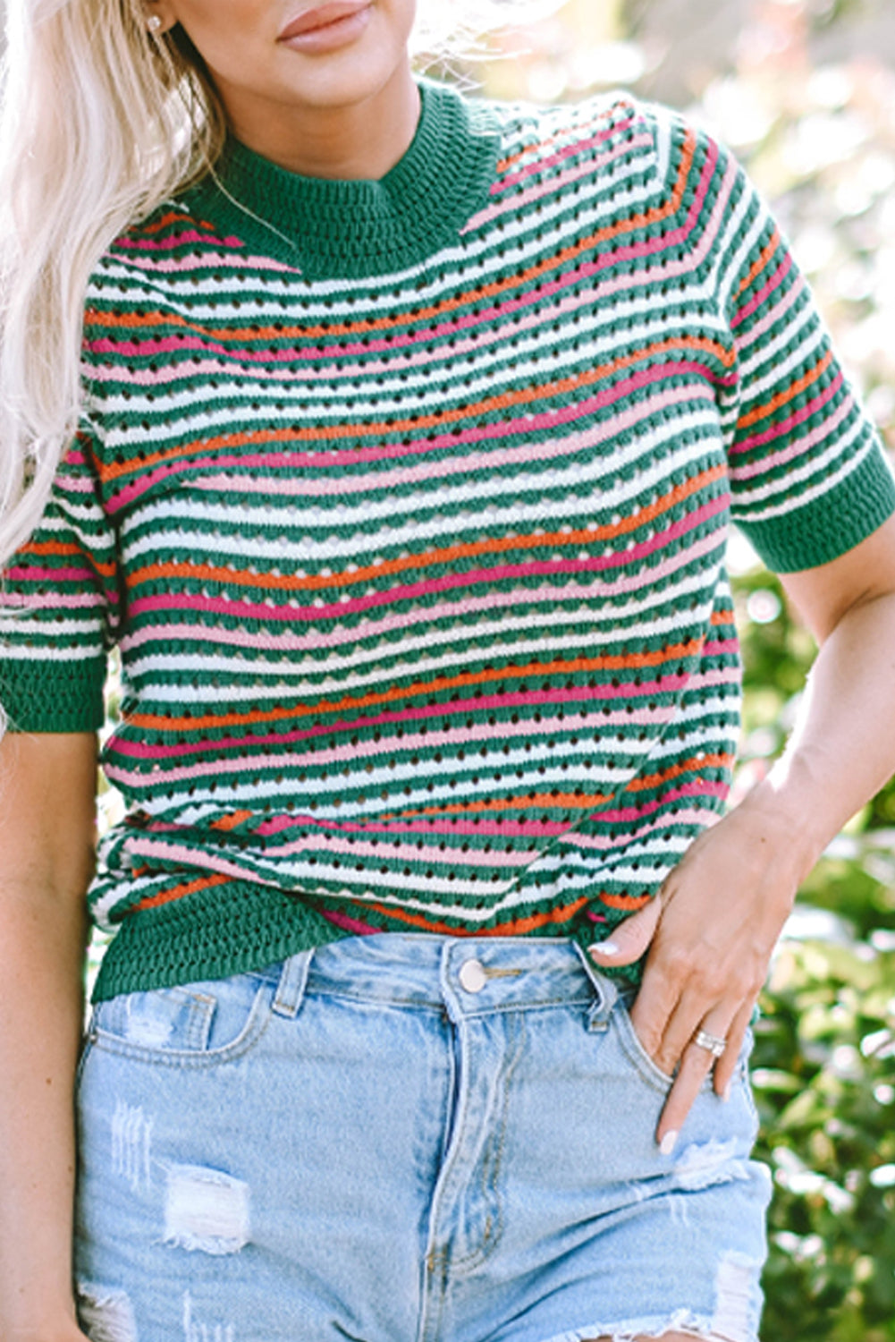 Dark Green Striped Pattern Contrast Trim Pointelle Knit T Shirt eAura