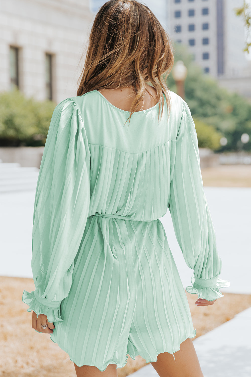 Pink Pleated Ruffled Tie Waist Buttons V Neck Romper eAura