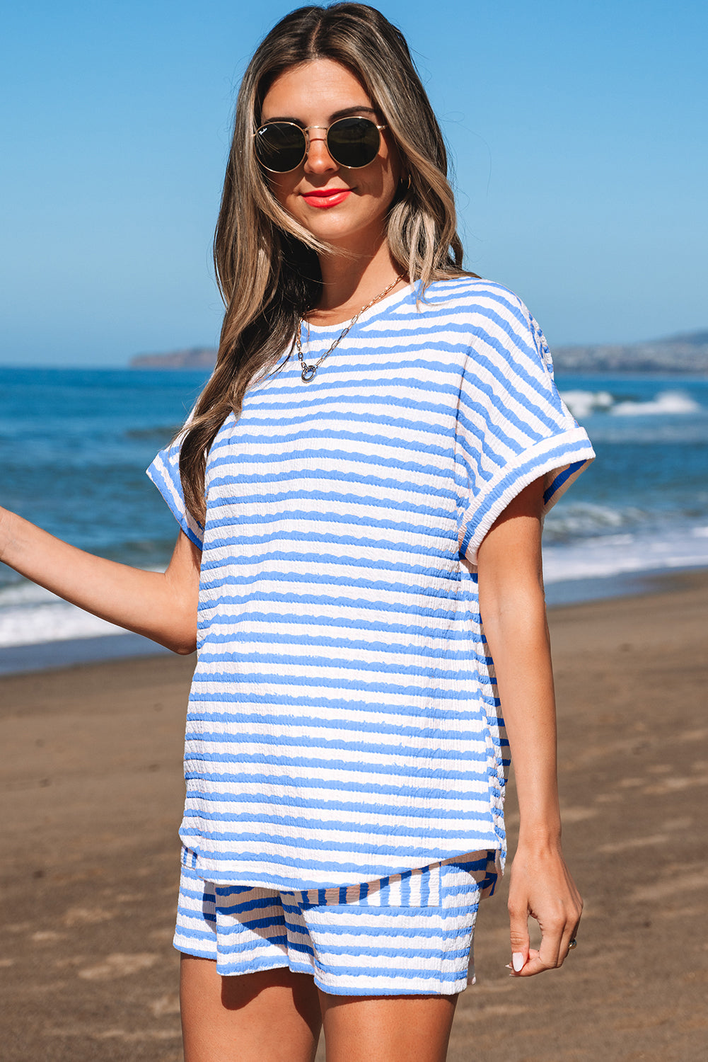 Black Stripe Knitted Short Sleeve Top and Drawstring Shorts Set eAura